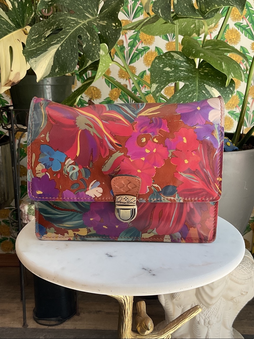 Patricia Nash Red Floral Leather Clutch with Pink, Purple & Blue Accents